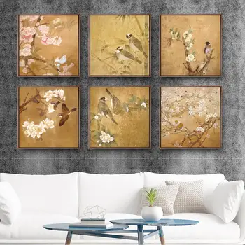 

Home Decoration Painting Print Canvas Wall Art Pictures Square Poster Oil Unframed Drawings Chinese style retro flower and bird