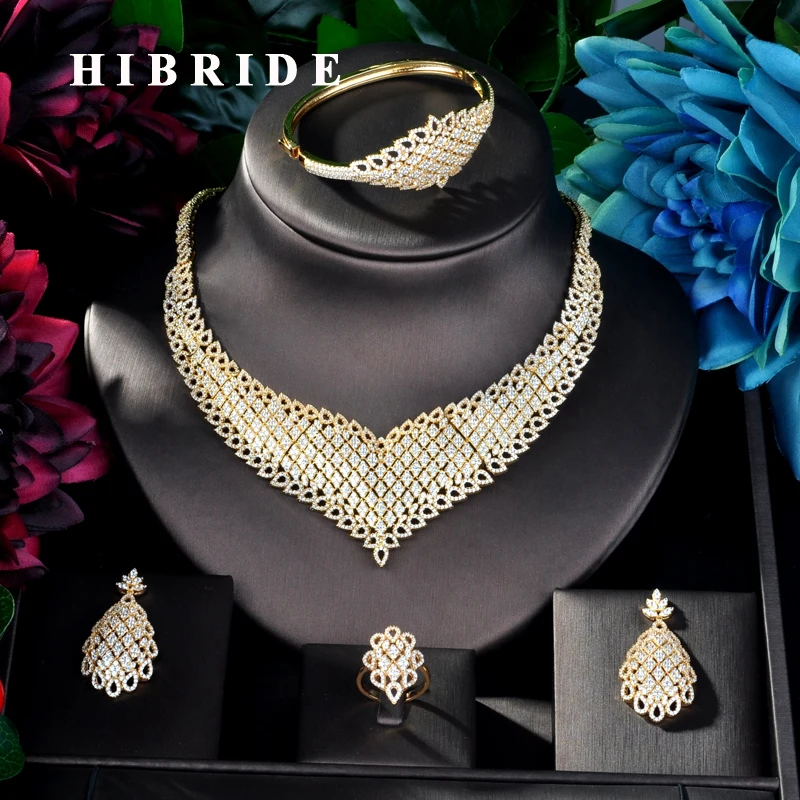 

HIBRIDE Big Luxury Design Gold Color Women Bridal 4 pcs Jewelry Set Dress Necklace Earring Jewelry Set For Party Gits N-882