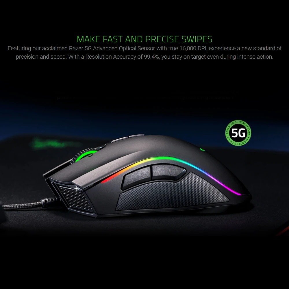 Проводная игровая мышь razer Mamba Elite, 16000 dpi, 5G, оптический сенсор, Chroma светильник, эргономичная игровая мышь для ПК, геймера, ноутбука