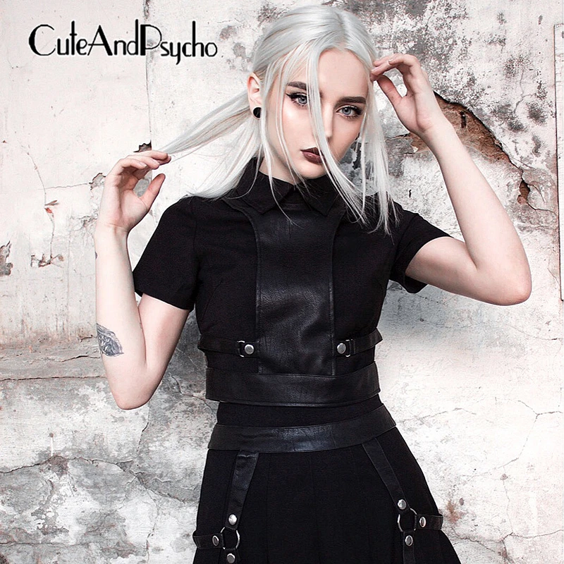 

2019 Punk Leather Gothic Top Tees Backless Sexy Zipper Harajuku Crop Top Black Basic Tank Top Summer Party Holiday Cuteandpsycho