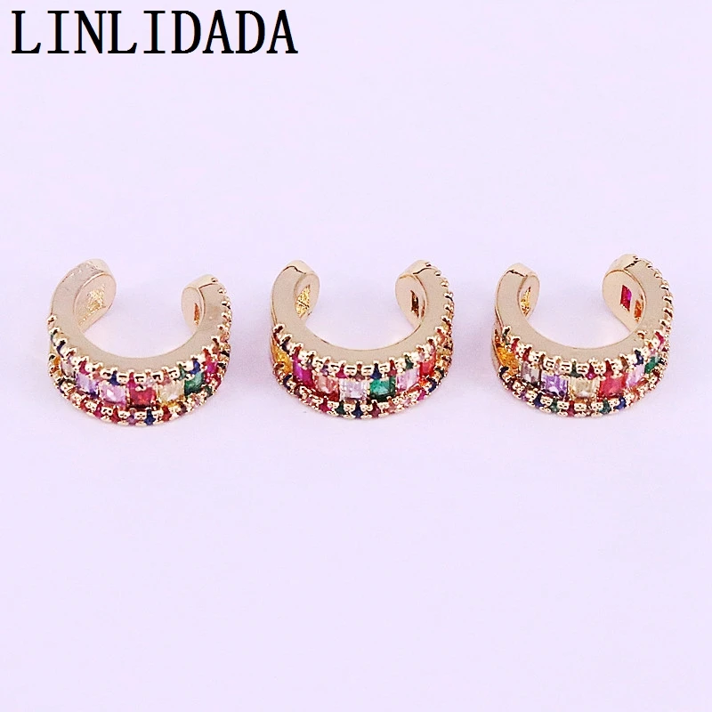 

5Pairs,Gold Color Micro Pave Rainbow CZ Zirconia Gold Color No Piercing Clip Ear Colorful Cuff Earring For Girl Women