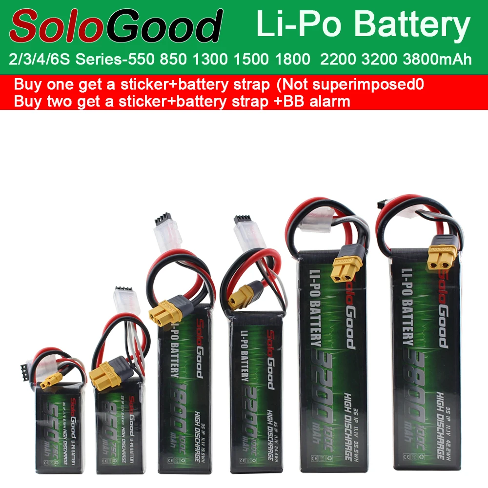 SoloGood  Lipo Batteries Li-Po Battery 2S 3S 4S 6S 550mAh 1150mAh 1500mAh 3200mAh 75C 100C RC Fixed Wing Helicopter Racing Drone