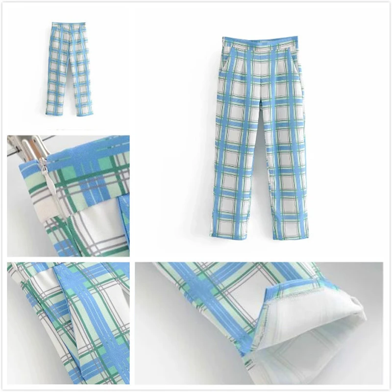 Spring Vintage Women's Pant Suits Double Breasted Long sleeve Office Blazer Jacket And Nine Pants Sets Plaid 2 Piece Set Women