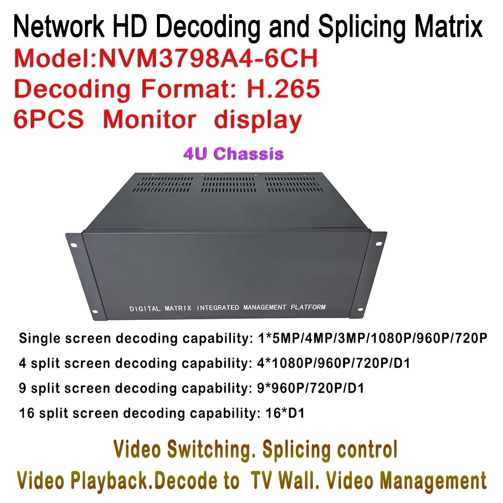 4U чехол HD IP видео декодер H.265 5MP/4MP/3MP/2MP IP Камера Onvif для 6ch монитор Дисплей Max, Разделение 1/4/9/16 за Экран