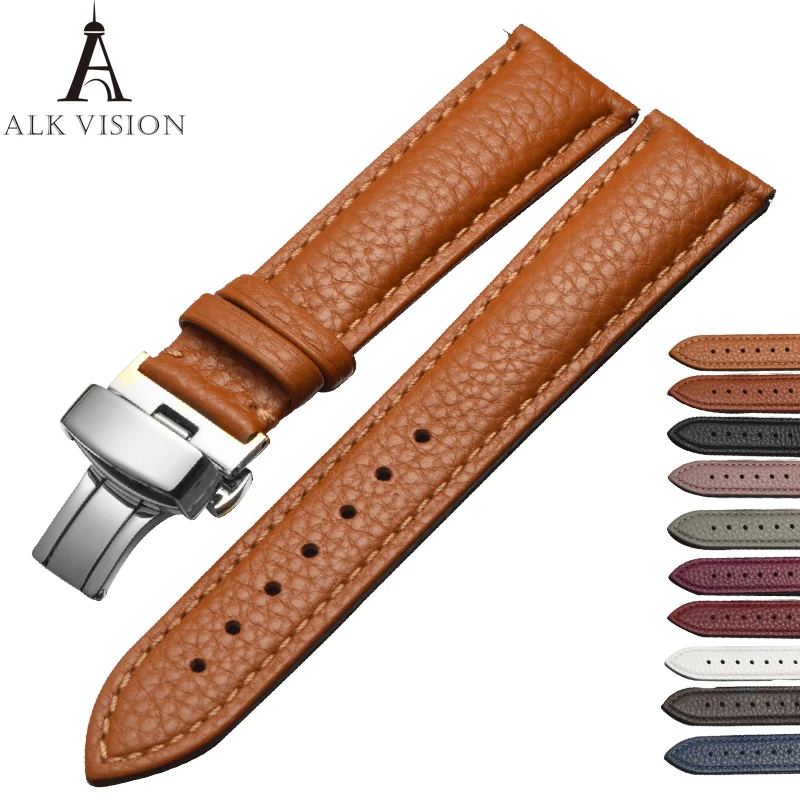 

ALK Leather Watch Band Bracelet Strap butterfly deployant Clasp buckle Watchband 12 14 16 18 20 22 24mm