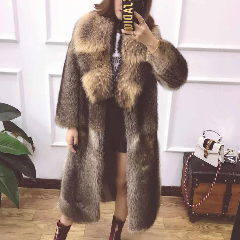 Woman'S Fur Coat Luxury African Raccoon Fur Long Coat Super Big Collar ...