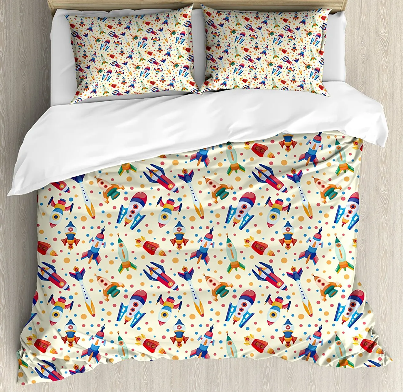 

Duvet Cover Set , Colorful Cartoon Dotted Background with Space Rocket Toys Illustration Abstract, 4 Piece Bedding Set