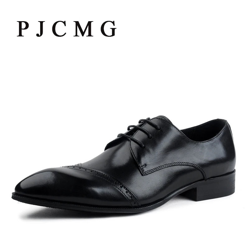 PJCMG Style Fashion Men Oxford Wedding Male Solid Lace-Up Pointed Toe Office Genuine Leather Dress Shoes Black/Red Size 38-44