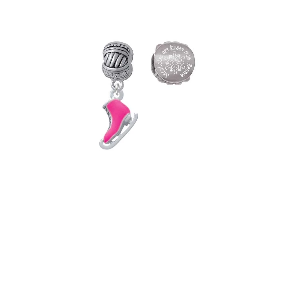 Silvertone 3-D Hot Pink Ice Skate Snowflakes are Kisses from Heaven Charm Beads (Set of 2)