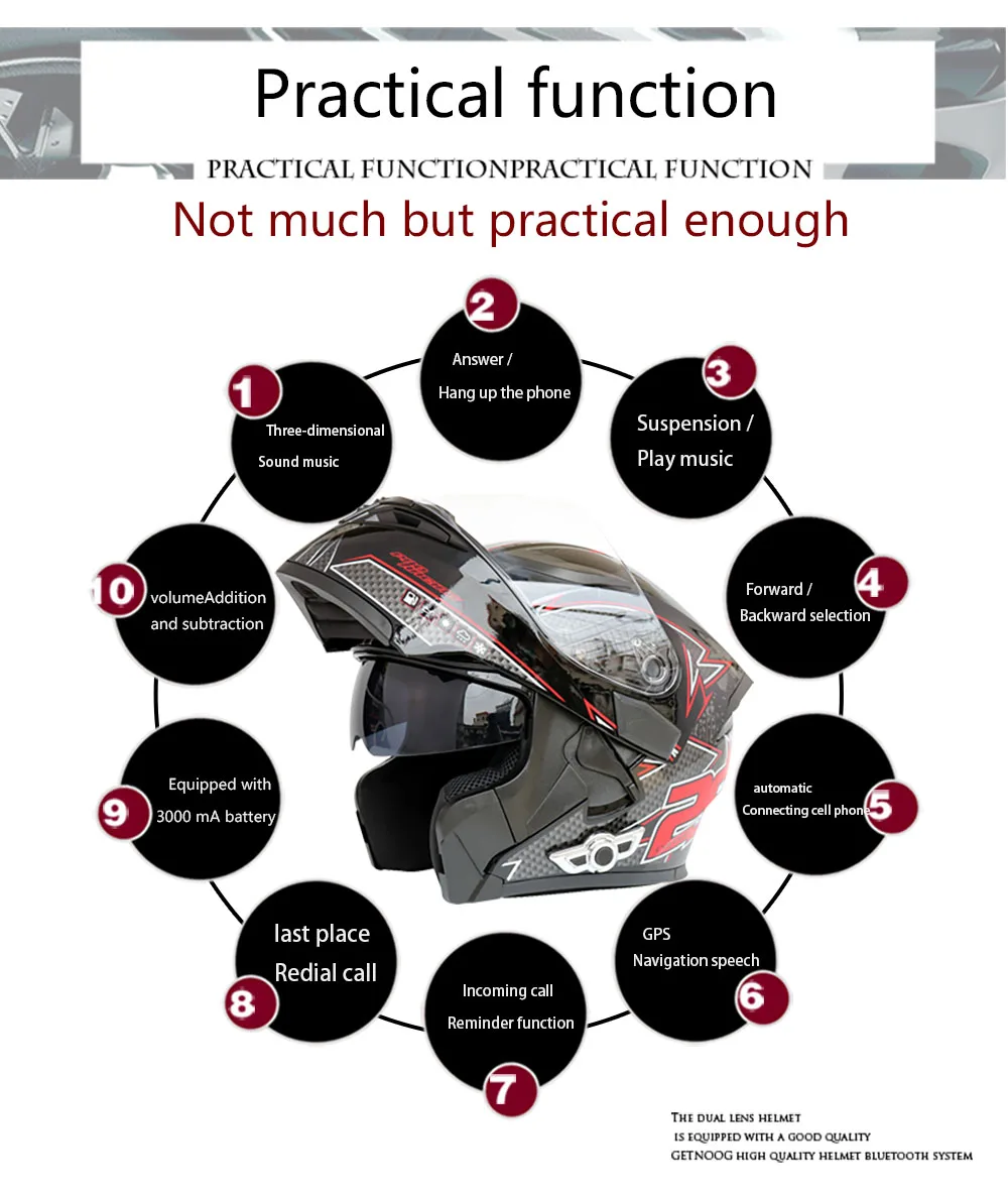 Мотоциклетный шлем мотоциклетный Bluetooth шлем дорожный гоночный шлем флип звук качество радио в режиме ожидания 30 дней Срок службы батареи 88 h