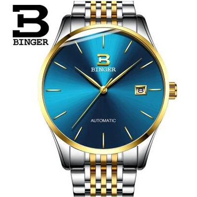 Blue Gold Switzerland BINGER Роскошные Брендовые Часы Мужские автоматические мужские механические часы сапфировые часы водонепроницаемые relogio masculino - Цвет: Blue Gold