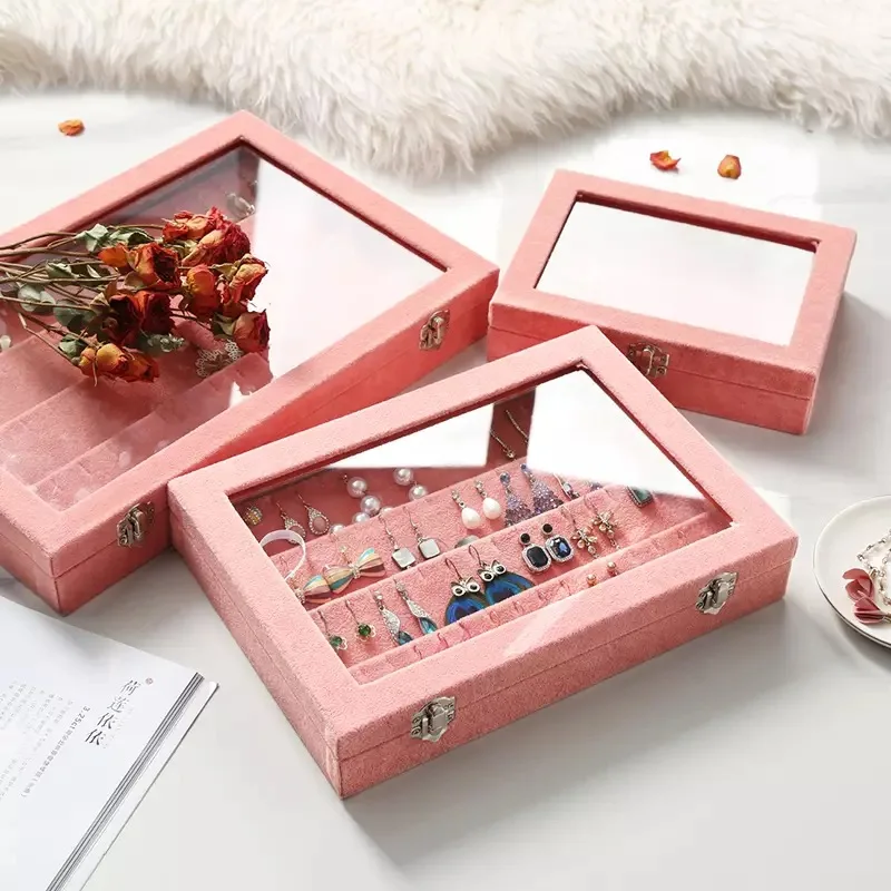 Velvet Carrying Case with Glass Cover Jewelry Earring Display Box Tray Holder Jewelry Storage Box Organizer