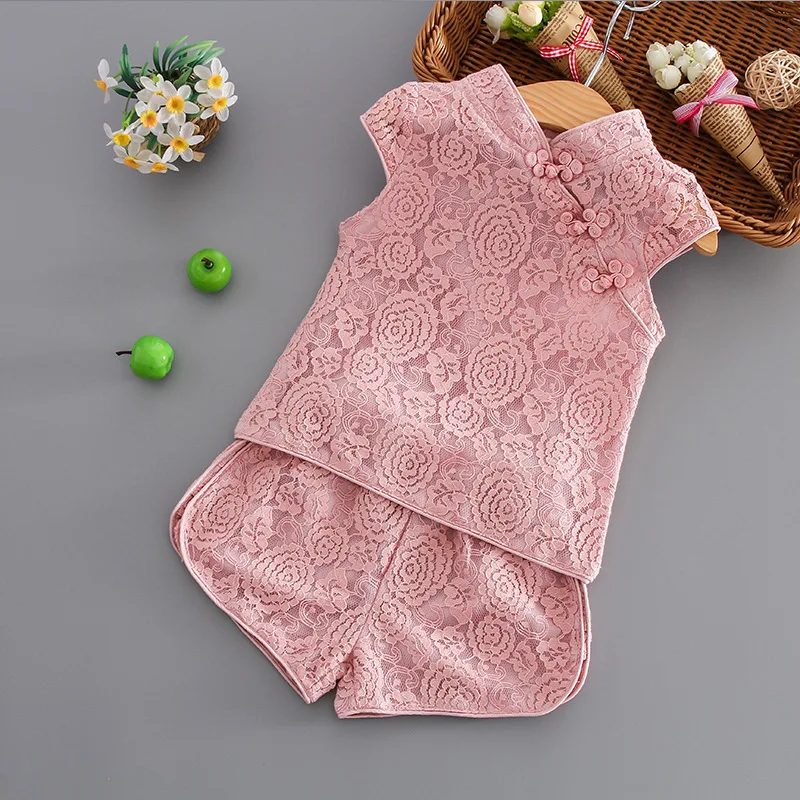 Chinese New Year Style 2022 Summer Baby Girls Short Sleeve Soild Lace Top+Shorts 2pcs Cheongsam Suit Children Princess Outfits clothing kid suit