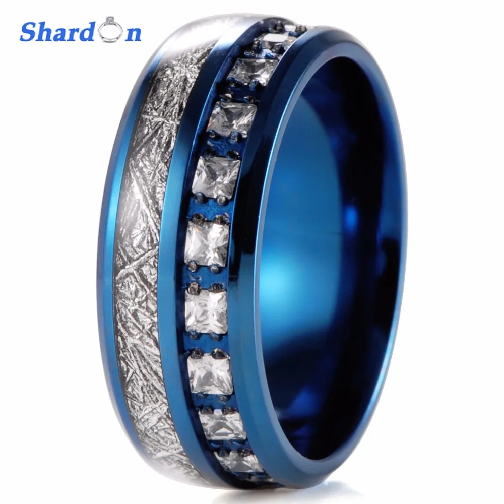

SHARDON 8mm Blue color Men's Domed Titanium Ring with white stone inlay Wedding band Meteorite ring fashion Engagement ring