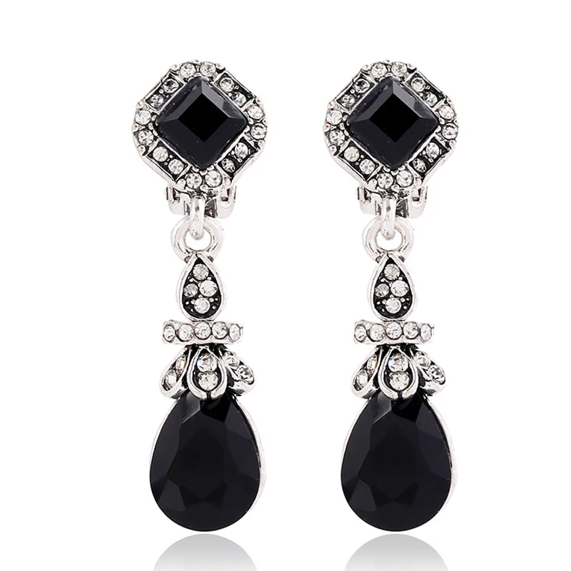 Black WaterDrop Clip Earrings Without Piercing Long for Women Resin Rhinestone Vintage Bohemia Style ear clip earrings,clip earrings,ear clip