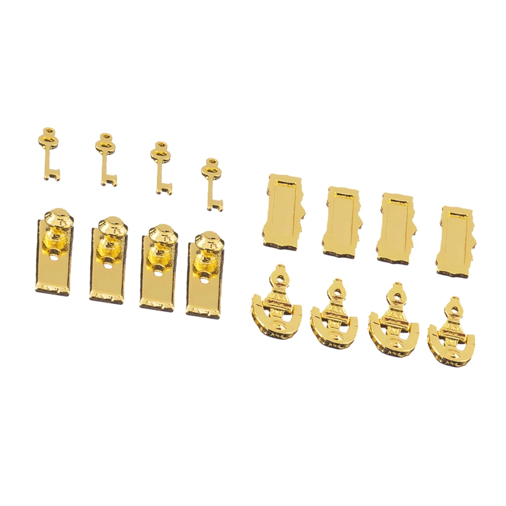 8Set 1/12 Scale Dollhouse Miniature Brass Handles Keys Set Door Knob Fittings & Knocker Mail Slot Letter Box
