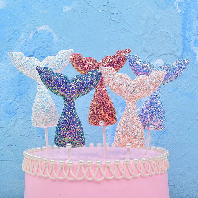

Glitter Mermaid Tail Cake Topper Happy Birthday Cupcake Topper Flag Wedding Cake Decorations Baby Shower Mermaid Party Supplies
