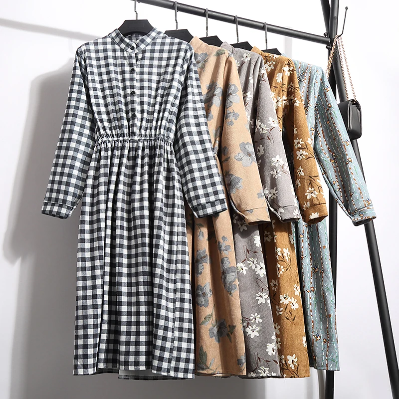 

2017 Tartan Floral Women Thin Corduroy Dress Elastic Waist Women's Dresses Long Sleeve Stand Collar Front Buttons