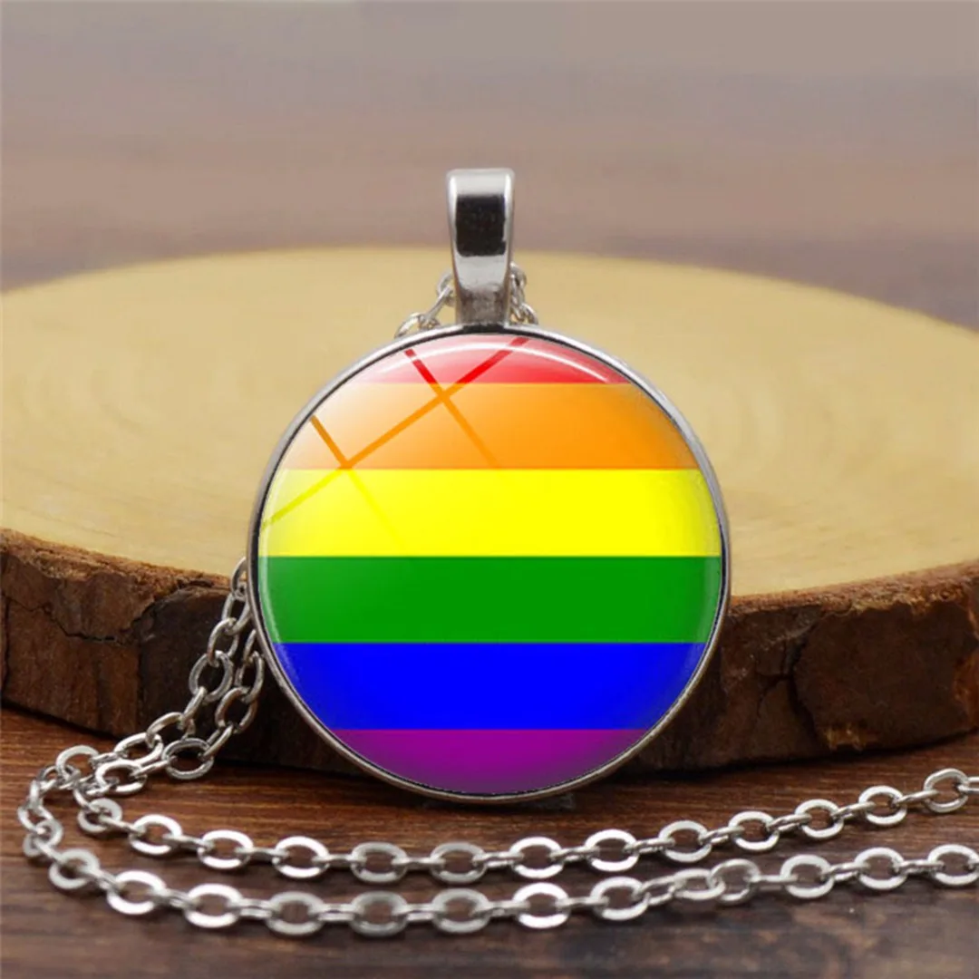Fashion Gay Pride Alloy Round Circle Pendant Necklace Cabochon Glass Tile Rainbow Colorful Chain Unique Same Sex Charms Jewelry