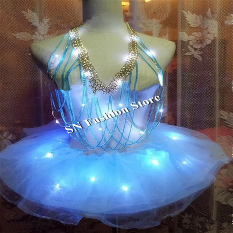 

BC06 Blue light led costumes bar singer dress club dj luminous stage ballet skirt dance show model performance sexy wears cloth