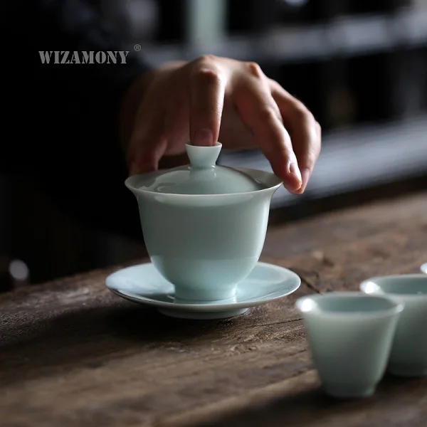 WIZAMONY Цзиндэчжэнь китайский чайный набор кунг-фу gaiwan чайный горшок чайная чашка чайная посуда чайные наборы чайные сервизы celadon керамический Пуэр чайная чашка посуда для напитков - Цвет: 1 gaiwai with 2 cups