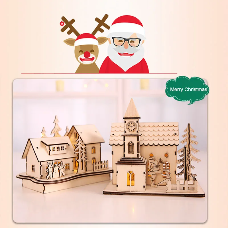 

Luminous Courtyard Bell Tower Christmas Wooden House Desktop Decor Xmas Gift YU-Home