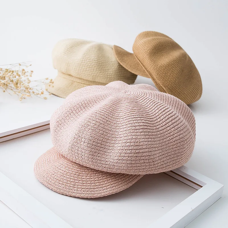 

2019 Spring Summer Beret Hat Women Handmade Kitted Newsboy Octagonal Female Cap For Women Breathable Berets Solid Color Pink