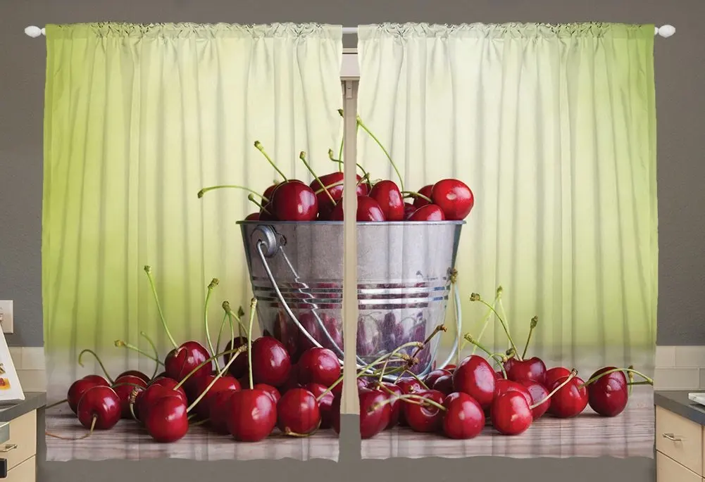 

Country Home Decor Curtains by Cherries Bucket Ombre Fruit Bowl Picture Village Window Drapes for Living Room Bedroom