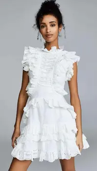 

Casual Hollow out Mini Bandage Cascading Ruffled Sweet Dress Sexy Women Body con Sleeveless Petal Sleeve White Party Dresses