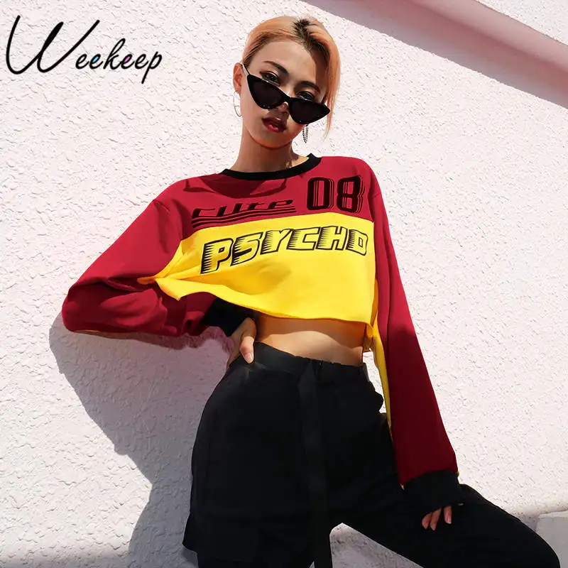 

Weekeep Women Letter Print Patchwork Sweatshirt Autumn Cropped Long Sleeve Hoodies Streetwear Loose Moletom Feminino Crop Top