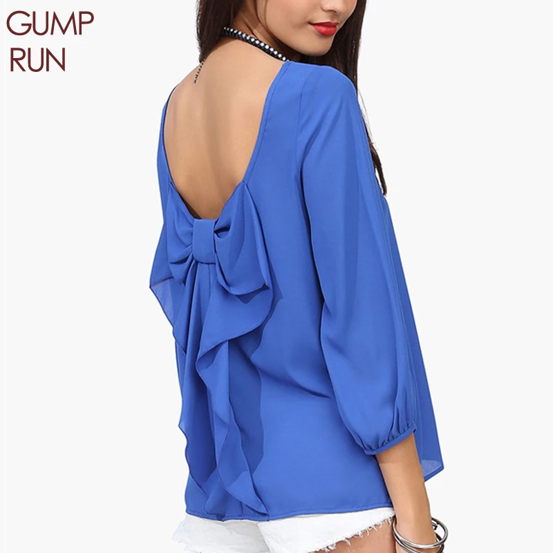 GUMPRUN Chiffon Kimono Blusas Feminina Sexy Backless Bow Women Blouses Casual Blusa Plus Size Camisas Mujer 3/4Sleeve Women Tops