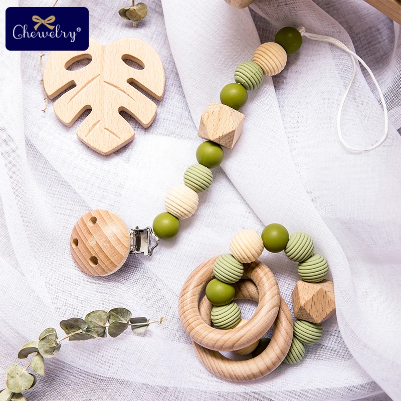 

3Pc/Set Baby Silicone Teether Pacifier Chain Wooden Rings Perle Silicone Beads Beech Wooden Rodent Baby Rattle Toys Children's Product