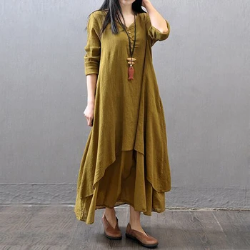 

Women Summer Boho Cotton Linen Long Maxi Dress Long Sleeve O-Neck Cotton Style Loose Long Dress Casual Literature Art Dress