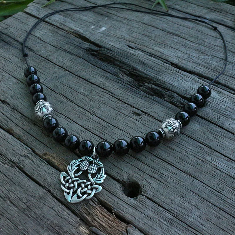 

Black Onyx Beads With Blessed Thistle Long Adjustable Necklace, Rough Viking Apron Dress Chain Necklace Jewelry For Charm Women