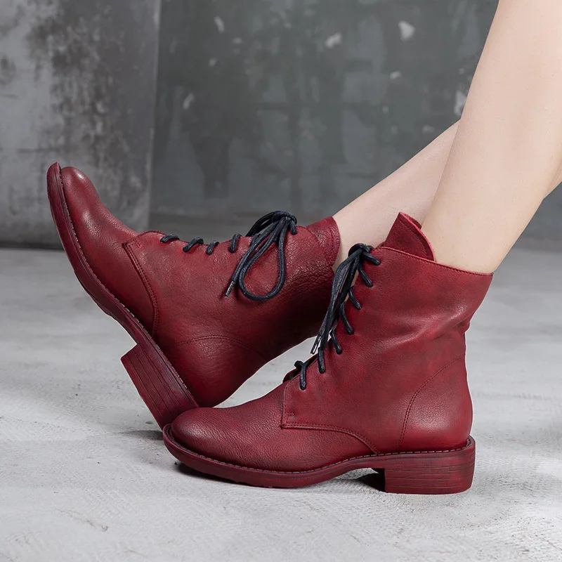 

Women Leather Knight Boots Low Heel Winter Shoes 2019 Martin Boots Women Handmade Genuine Leather Ankle Boots Lace Up Brand Shoe