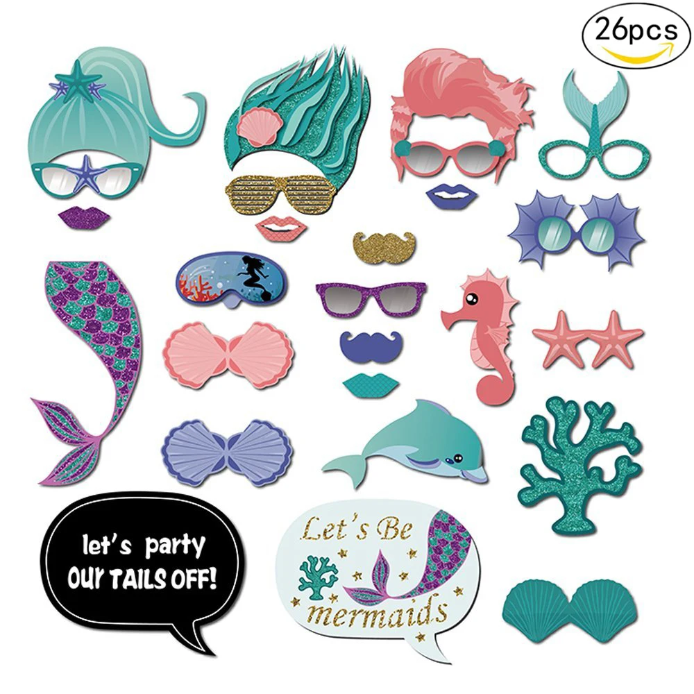 

26Pcs Mermaid Photo Booth Props Birthday Party Decorations Kids Photo Fish Party Decorations Baby Shower Happy Birthday Natal.J