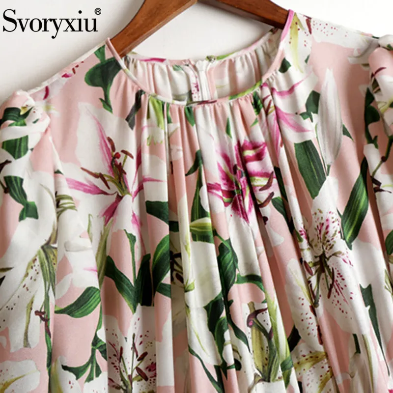 Svoryxiu lily Flower Printed Elegant Runway Dress Women's High Quality Half Sleeve Autumn Female Party Mid-Calf Dress Vestdios