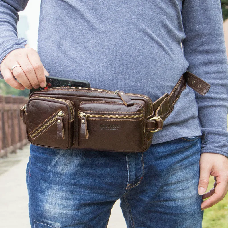 

Vintage Luxury Leather Fanny Pack Waist Bag Casual Waterproof Antitheft Men Walking Shopping Band Belt Multi-function Bag