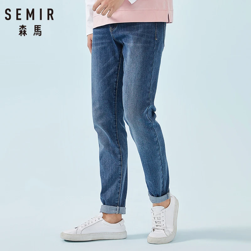 Cheap SEMIR Jeans for Men Stretchy Skinny Jeans Soft Cotton Jeans in Washed Denim with Mock Front Pocket Zip Fly with Button