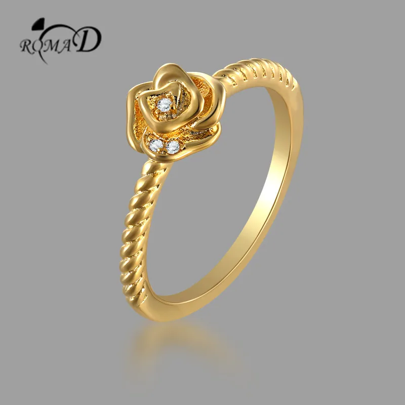 

Romad Rose Flower With Crystal Rings Gold Color Zinc Alloy Jewelry Wedding Party and Engagement Rings for Women