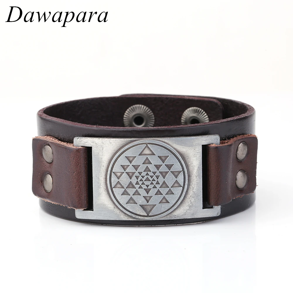 

Dawapara Sri Yantra Metal Sheet Genuine Leather Cuff Bangles Religious Craft Bracelets for Pulseira Feminina Charms Jewelry