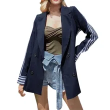 Модные женские куртки с длинным рукавом в полоску, пэчворк, тонкий офисный Блейзер, повседневное длинное пальто, куртка, верхняя одежда