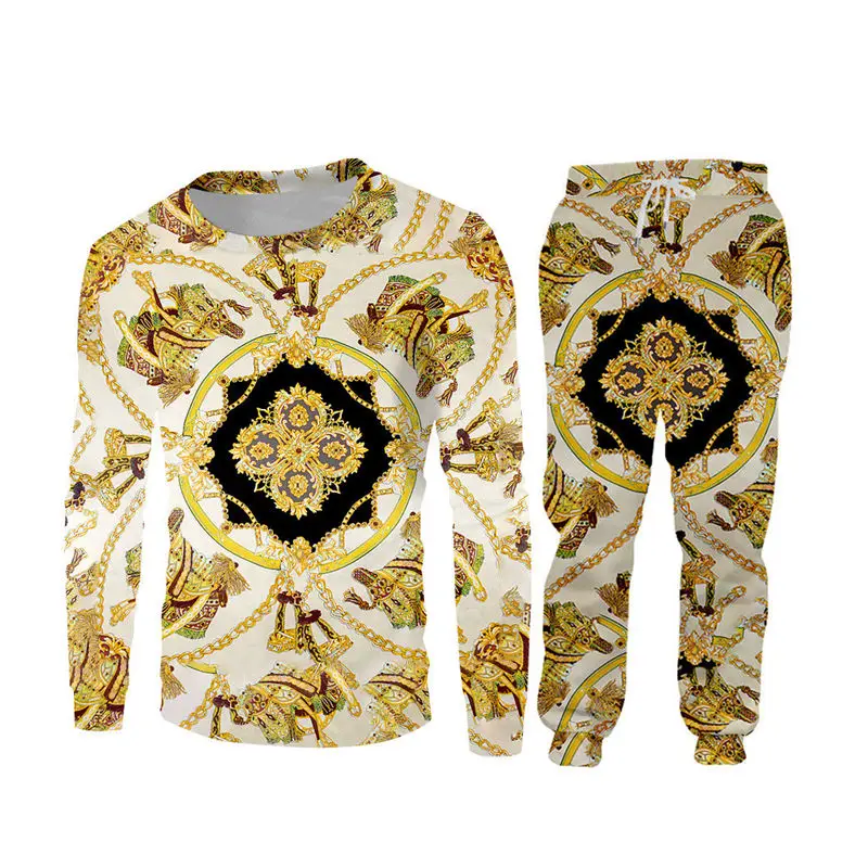 

Funky Hoodie Sweatshirt&Jogger Pants 2 Piece Sets Unisex Hip Hop Gold Chain Print Pullover Hoodie Tracksuits+ Trousers Outfits