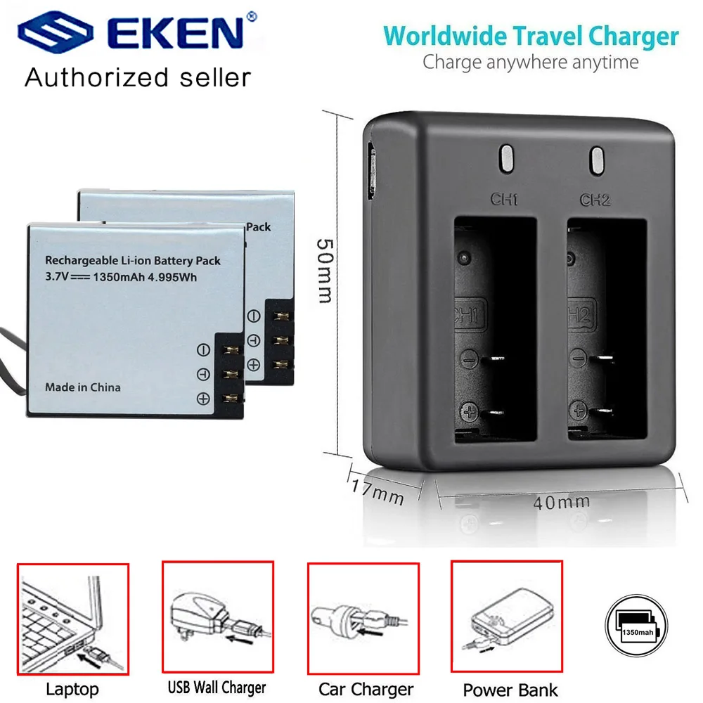 Аккумулятор EKEN 1350 мАч с зарядным устройством 2 шт. для H9 h9r Plus H5s h6s H7 SJ4000 Sj5000 M10 SJ7000