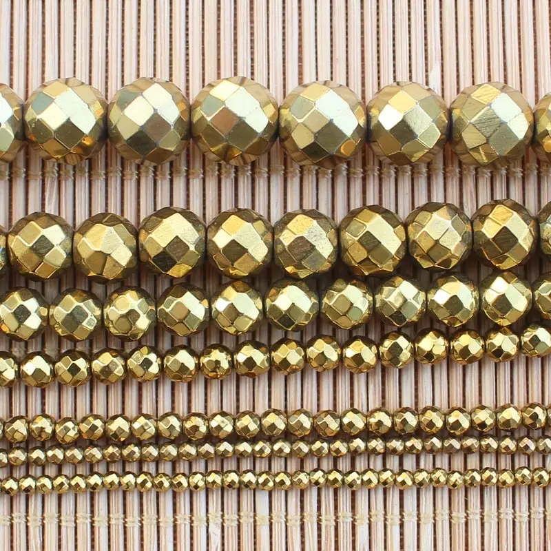 Facted212mmNaturalHematiteElectroplateGoldRoundLooseBeads