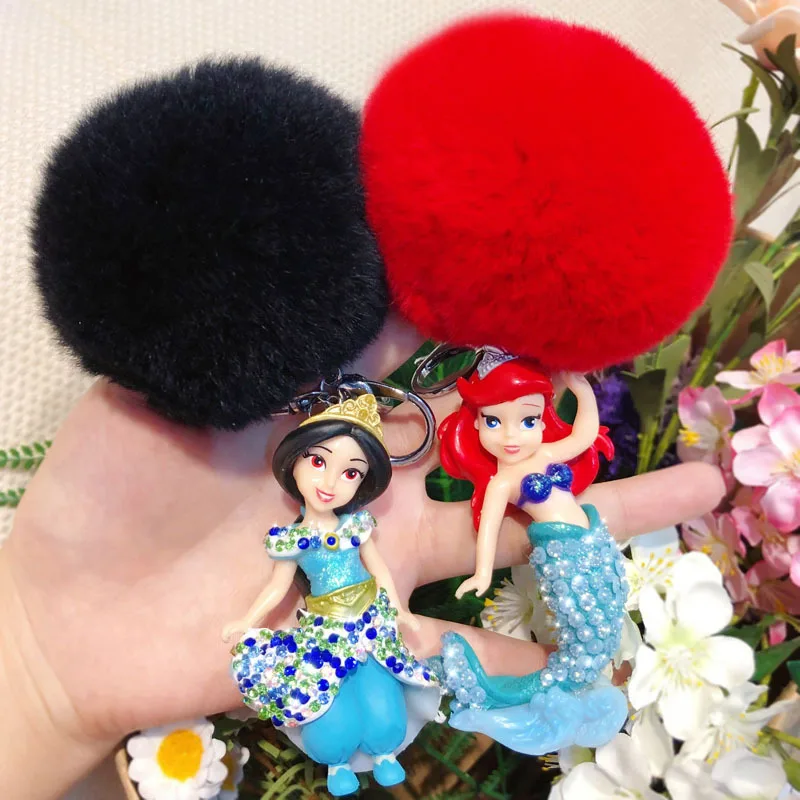 

Cute Anime Fairy Tale Mermaid Princess Doll Key Chain Rhinestone Rabbit Fur Ball Pompom Keyring Porte Clef Mistress Bag Pendant