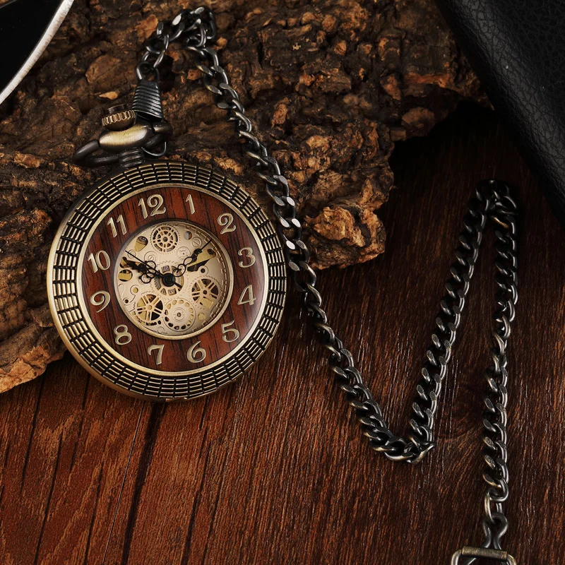 Vintage Wood Circle Carved Number Dial Mechanical Pocket Watch Men Unique Hollow Steampunk Bronze M