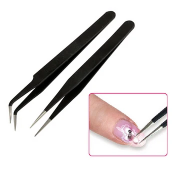

Wholesales 2 Pcs Antistatic Electroplating Nonmagnetic Stainless Steel Curved Straight Eyebrow Tweezers DIY Nail Accessories