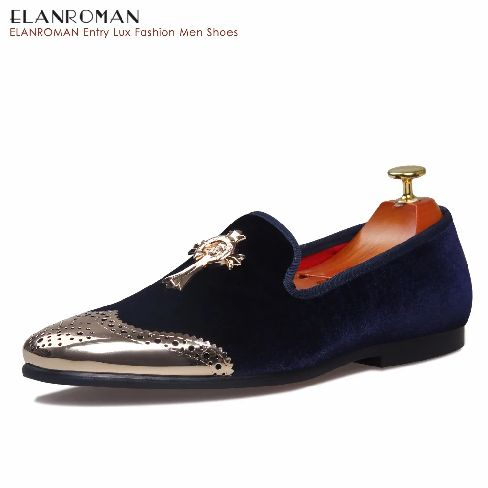ELANROMAN Flat Shoes Vintage Velvet Loafers Golden Metal Shoes Toe ...