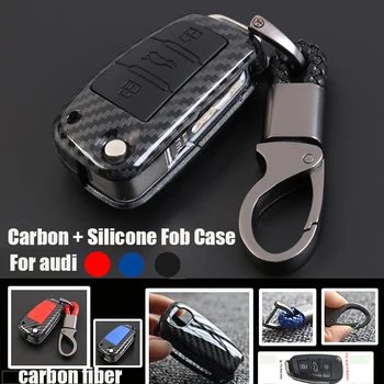 

Carbon + Silicone Fob Case For Audi C6 A7 A8 R8 A1 A3 A4 A5 Q7 A6 C5 3 Button Car Remote Folding Flip Key Cover